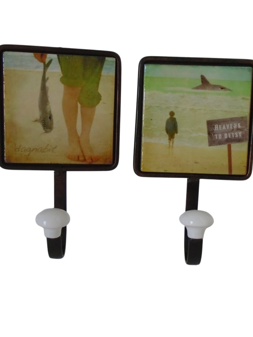 Decorative Seaside Wall Ceramic Tile Hanging Hook Set of Two